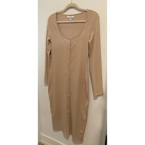 New Fourteenth Place Nude Button Long Sleeve Ribbed Midi Fitted Dress Medium - Picture 4 of 6